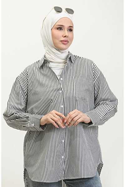 sefamerve Μαύρο υπερμεγέθη ριγέ πουκάμισο - 4803-02