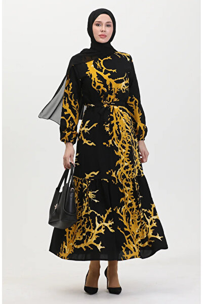 sefamerve Φόρεμα με μαύρη μουστάρδα ζωσμένο - 0458-01