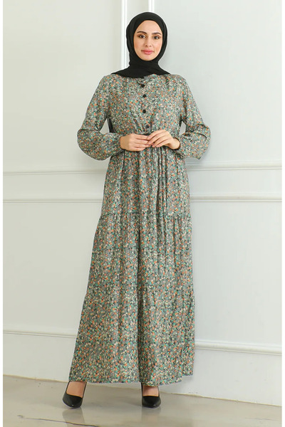 sefamerve Φόρεμα βισκόζης με γκρι πράσινο σχέδιο - μισά κουμπιά 0500-06