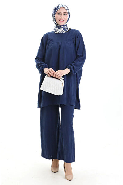 sefamerve Tunic Trousers with Elastic Sleeves Double Set 0103-04 Indigo