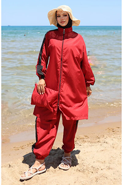 sefamerve Γαρνιρισμένο Μαγιό Hijab με φερμουάρ 6565-05 Claret Red