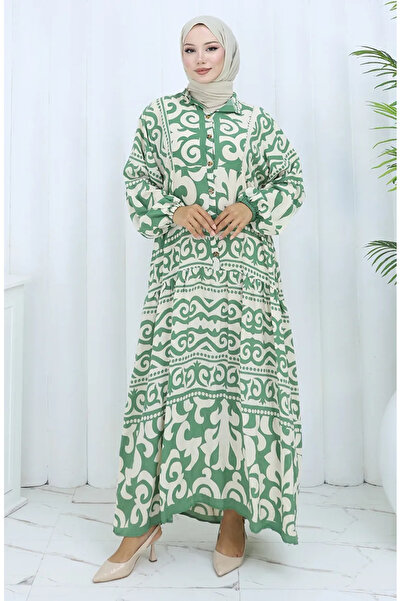 sefamerve Φόρεμα Alaçatı με μισό κουμπί 2137-05 Πράσινη κρέμα Çağla