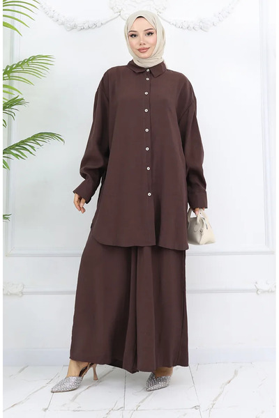 sefamerve Καφέ Χιτώνας και Παντελόνι Σετ δύο τεμαχίων 4065-04