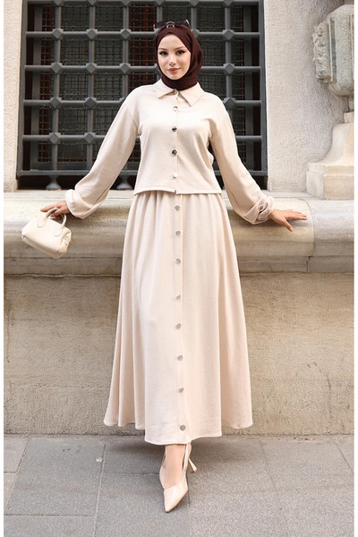 sefamerve Πουκάμισο με γιακά Τουνίκ Φούστα δύο τεμαχίων 0223-01 Μπεζ