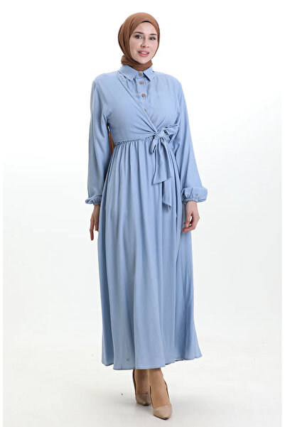 sefamerve بأزرار على الجهتين فستان بياقة وأزرار وحزام 0199-04 أزرق فاتح