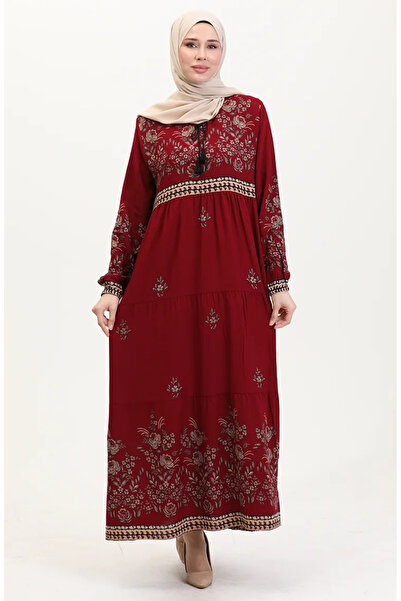 sefamerve فستان فيسكوز بطبعة زهور مقاس كبير 4084-09 أحمر كلاريت