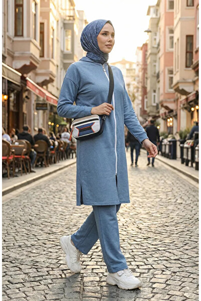 sefamerve طقم بدلة رياضية بسحاب أزرق - 3044-12