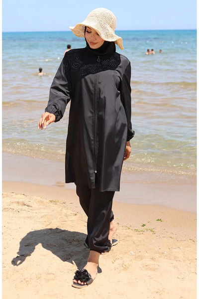 sefamerve Plážové zipsové hidžábové plavky s darčekom 9003-04 čierna