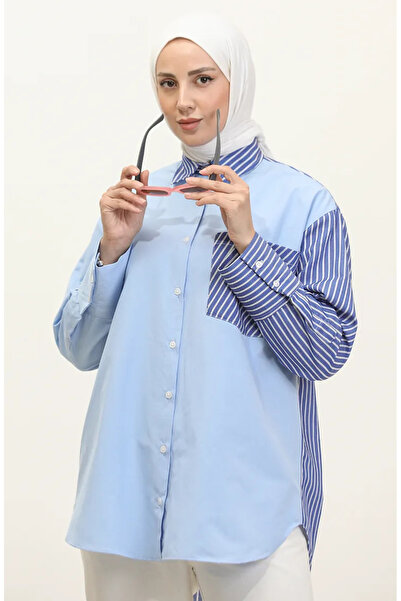 sefamerve Μπλε γαρνιρισμένο ριγέ πουκάμισο - 4813-01