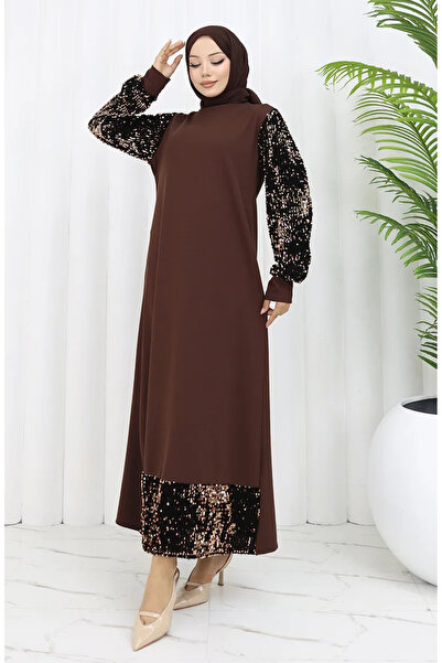 sefamerve Βραδινό φόρεμα με παγιέτες καφέ - 0305-03