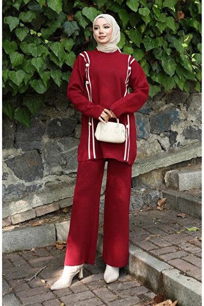 sefamerve طقم تونيك وبنطلون تريكو بأزرار من الجانبين 1128-05 لون أحمر داكن