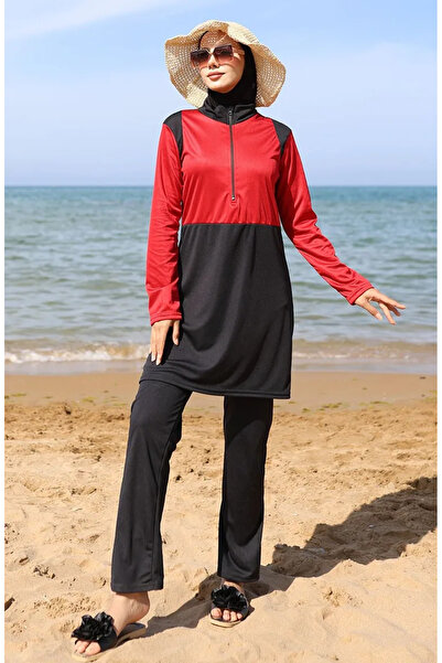 sefamerve Μαγιό Hijab με φερμουάρ 2508-05 Κόκκινο Μαύρο