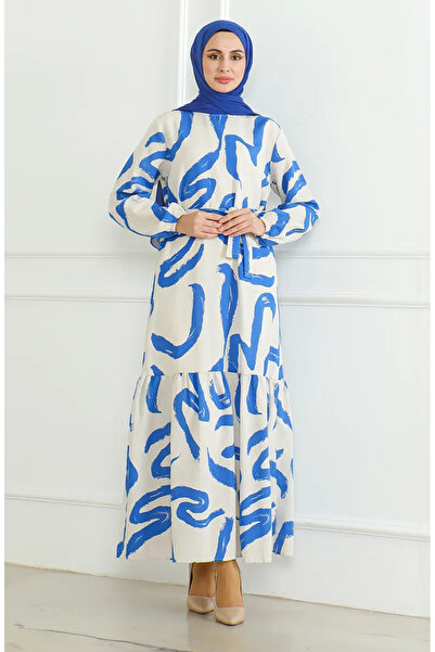 sefamerve Sukienka lniana 0471A-02 Wzorzysta i z paskiem - Beżowa Saxe