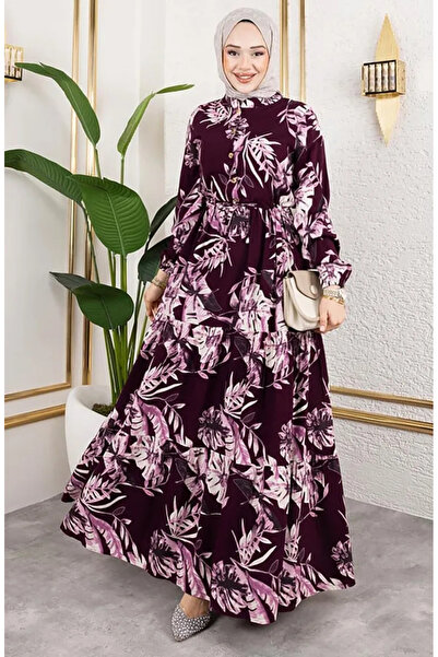 sefamerve فستان فيسكوز بخصر تونيل 7119-05 برقوقي