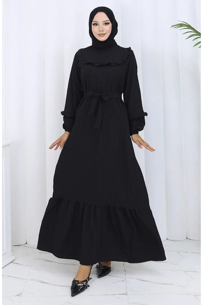 sefamerve Φόρεμα με βολάν με λαιμόκοψη 2123-01 Μαύρο