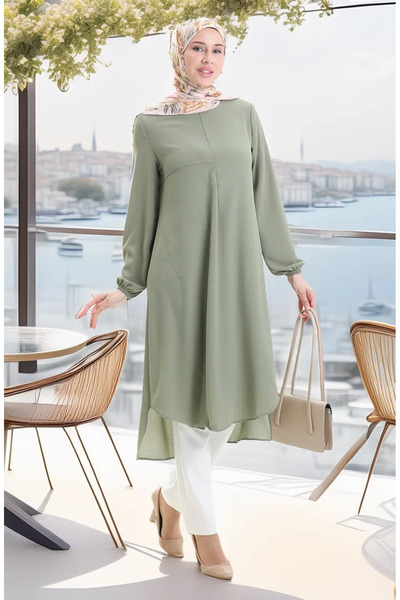 sefamerve تونيكة طويلة مع تفاصيل الإطار 4105-06 كاكي