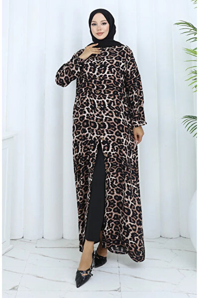 sefamerve Φόρεμα με κουμπιά με λεοπάρ στάμπα 0137-01 Καφέ Μαύρο