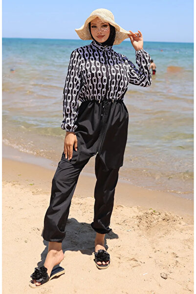 sefamerve Beli Lastikli Zincir Desenli Fermuarlı Tesettür Mayo Bone Hediyeli ...