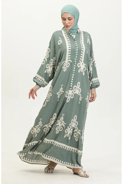 sefamerve فستان أخضر بأكمام بالون - 4091-03