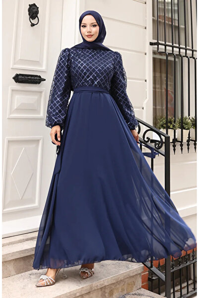 sefamerve Βραδινό φόρεμα σιφόν με παγιέτες 5617-02 Navy Blue