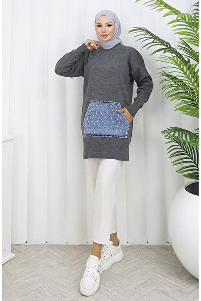 sefamerve Tricotaj Tunica cu buzunar cangur cu detaliu perlat 3030-03 Gri