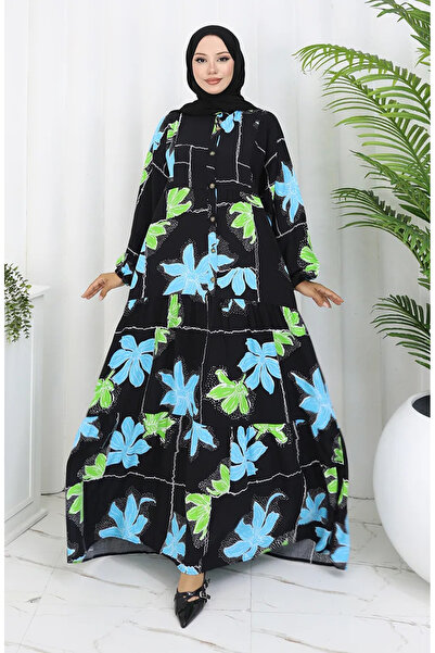 sefamerve Alaçatı Φόρεμα με μισό κουμπί βισκόζης με σχέδιο 2085-02 Μαύρο Πράσινο