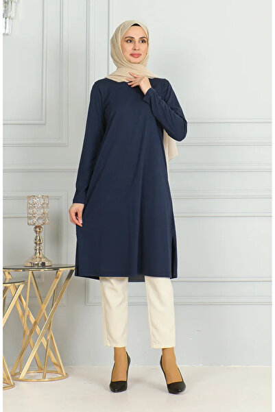 sefamerve Navy Blue Long Slit Tunic - 9141-07