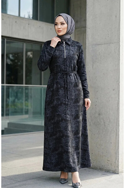 sefamerve Rochie modală cu guler cămașă și fermoar 0235-04 Negru