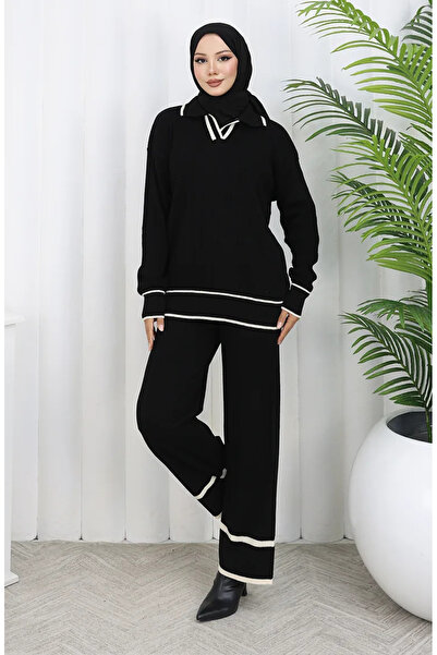 sefamerve Knitwear Corded Fabric Sweater Trousers Double Set 0010-04 Black