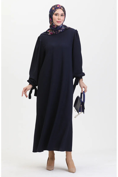 sefamerve Gathered Sleeve Dress 1053-02 Navy Blue