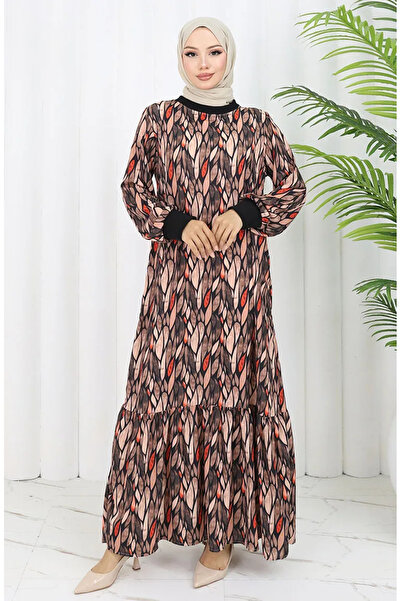 sefamerve Şifon Kumaş Yaprak Desenli Elbise 0054-03 Siyah