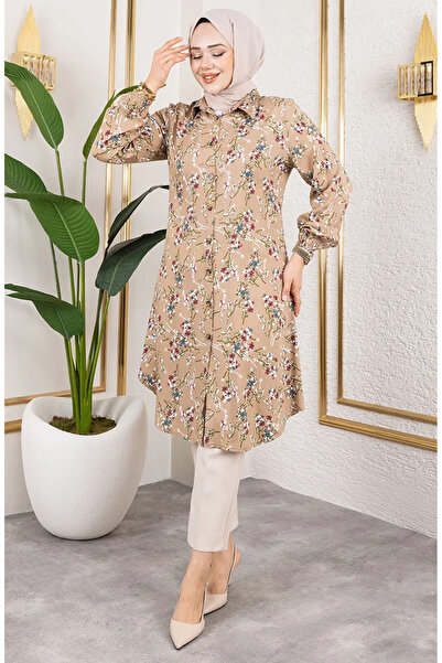 sefamerve Asel Çiçekli Viskon Tunik 0174-06 Vizon