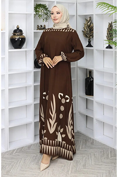 sefamerve Φόρεμα με λαβή ελαστικό μοτίβο 0084-03 Καφέ