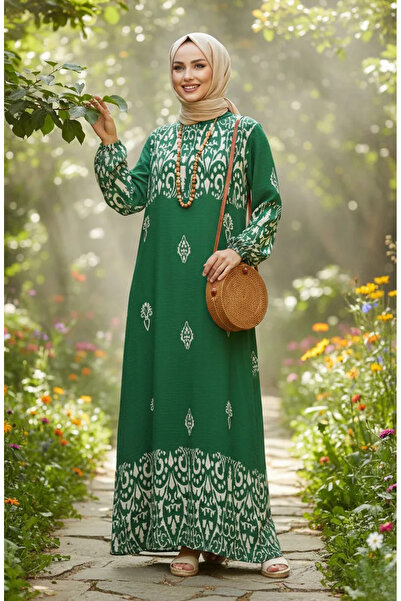 sefamerve فستان منقوش من قماش الفسكوز 0060-02 أخضر زمردي