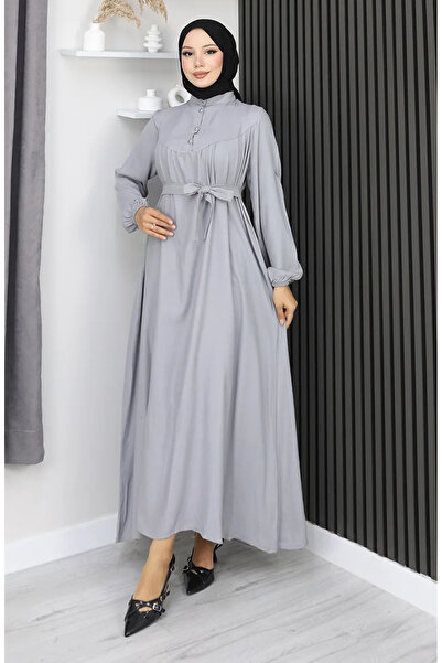sefamerve Belmando Kumaş Yarım Düğmeli Kuşaklı Elbise 2166-07 Gri