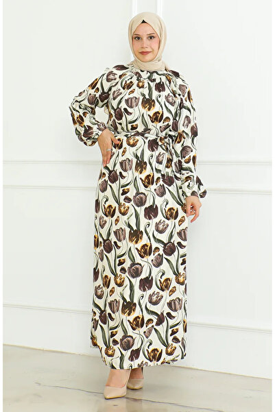 sefamerve Desenli Kuşaklı Elbise 0467-04 Bej