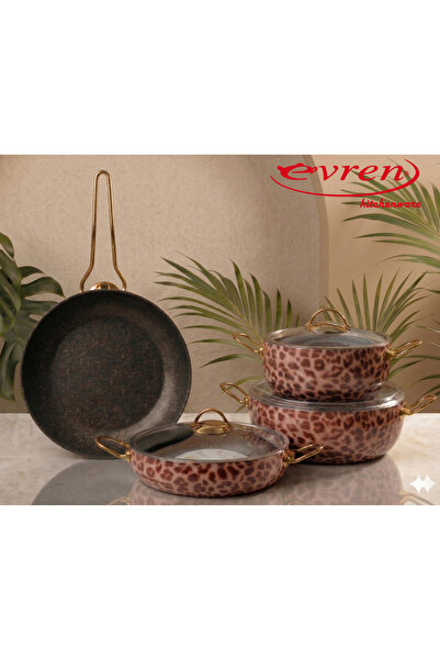 Evren طقم أواني طهي من الجرانيت بنقشة الفهد مكون من 7 قطع بقاعدة غير لاصقة