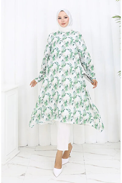 sefamerve Desenli Krep Tunik 1014-03 Yeşil