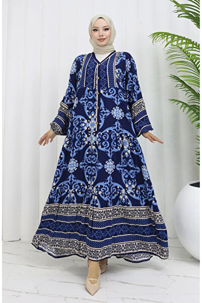 sefamerve فستان منقوش بنصف زر من قماش الفسكوز 0052-01 أزرق داكن