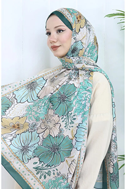 sefamerve Şanzelize Çiçek Desenli Şal 70319-17 Zümrüt Yeşili Çağla Yeşili