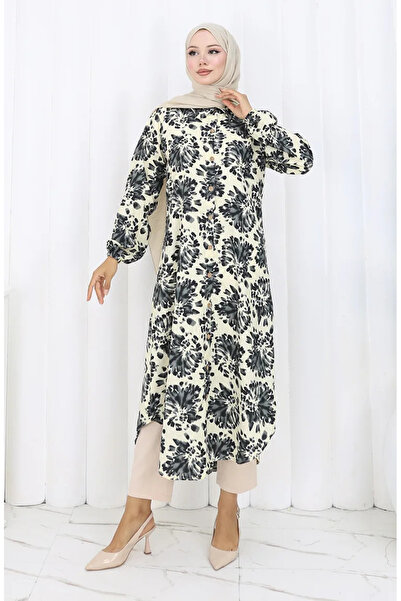 sefamerve تونيك طويل بأزرار من قماش الفسكوز 0174-05 بيج أسود