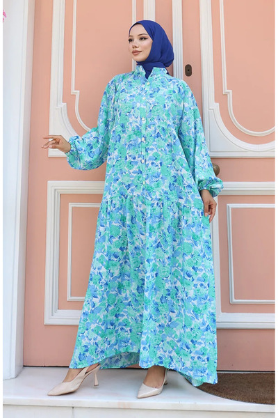 sefamerve Φόρεμα με μοτίβο με μισό κουμπί 2148-03 Πράσινο