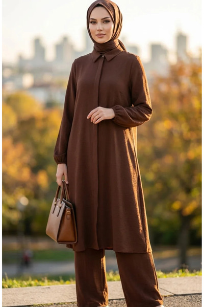 sefamerve طقم بنطلون تونيك من قماش ايروبين مكون من قطعتين 4142-10 بني