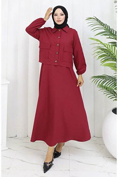 sefamerve Φόρεμα Μπουφάν Δίδυμο Κοστούμι 0117-06 Κόκκινο Σαφράν