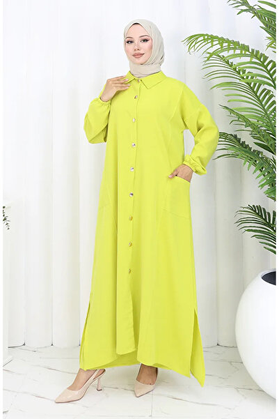 sefamerve Σετ παντελονιού με μακριά χιτζάμπ και τσέπες με κουμπιά 0097-05 λαδί