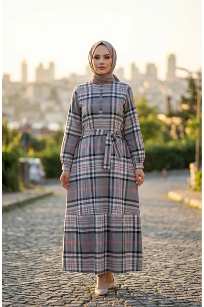 sefamerve Plaid Patterned Belted Hijab Dress 2218-03 Gray Powder