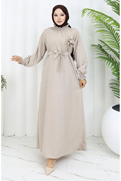 sefamerve Lastik Detaylı Kuşaklı Elbise 2063-02 Vizon