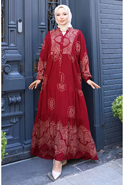 sefamerve فستان فيسكوز بأكمام بالون 5581-03 بورغندي