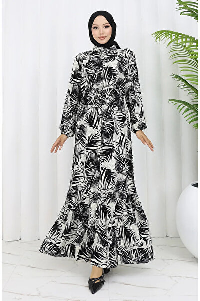 sefamerve Φόρεμα μαύρο μπεζ με σχέδιο φοίνικα βισκόζης - 0342-02 Rana