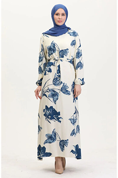 sefamerve Φόρεμα βισκόζης με μοτίβο ζωσμένο 0022-02 Cream Petrol